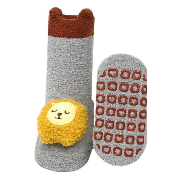 CUZIBR Girls Cozy Socks Winter Thick Warm Cartoon Animal Print Fuzzy Socks Non Slip Glue Solid Color Breathable Comfortable Soft Ankle Socks,Grey,M