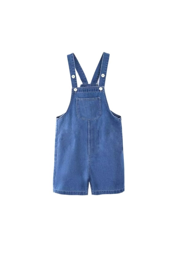 Girls Denim Overalls Jumpsuit Spring Summer Fashionable Solid Color Vintage Casual Romper Button Adjustable Strap Front Pockets Loose Fit Wide Leg Suspender Trousers,Blue,5-6 Years