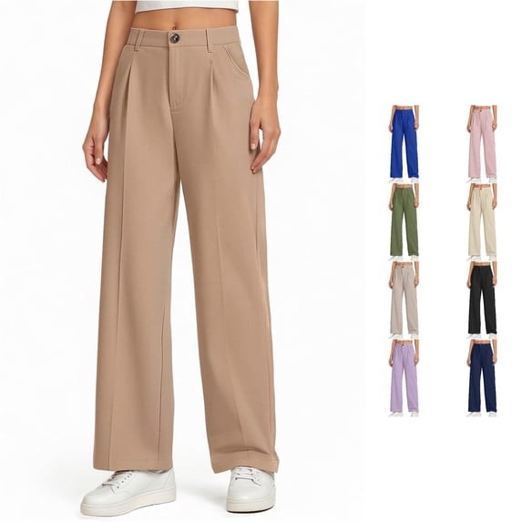 CUZIBR Girls Dress Pants Wide Leg Pants High Waist Pleated Button Zipper Straight Suit Trousers With Pockets Soft Casual Bottoms Holiday Vacation Travel Lightweight Dailywear,Khaki,6-7 Years