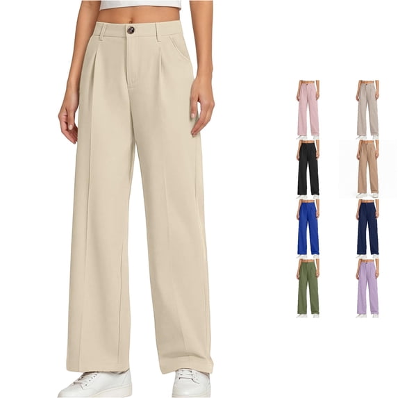 CUZIBR Girls Dress Pants Wide Leg Pants High Waist Pleated Button Zipper Straight Suit Trousers With Pockets Soft Casual Bottoms Holiday Vacation Travel Lightweight Dailywear,White,6-7 Years
