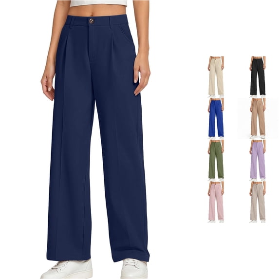 CUZIBR Girls Dress Pants Wide Leg Pants High Waist Pleated Button Zipper Straight Suit Trousers With Pockets Soft Casual Bottoms Holiday Vacation Travel Lightweight Dailywear,Navy,13-14 Years