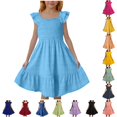 thumbnail image 1 of CUZIBR Girls Dresses Solid Color Ruffle Sleeves Elegant A Line Tiered Loose Fit Square Collar Midi Length Summer Dress For Kids Youth Breathable Holiday Beach Clothes,d-Sky Blue,11-12 Years, 1 of 6
