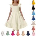 thumbnail image 1 of CUZIBR Girls Dresses Solid Color Ruffle Sleeves Elegant A Line Tiered Loose Fit Square Collar Midi Length Summer Dress For Kids Youth Lightweight Breathable Holiday Beach Clothes,d-Beige,5-6 Years, 1 of 7