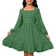 thumbnail image 1 of ZRBYWB Girls Elegant Dresses Casual Solid Color Square Collar Long Sleeve Ruffles Dress Midi Dress Relaxed Fit Cozy Dailywear Christmas Dress,Green,8-9 Years, 1 of 6