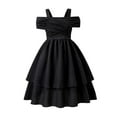 thumbnail image 1 of CUZIBR Girls' Elegant One Shoulder Tiered Dress Spaghetti Strap Solid Color Short Sleeve Ruffles High Waist Double Layer Flared Dresses Casual Soft Cozy Evening Winter Dress,Black,12 Years, 1 of 9