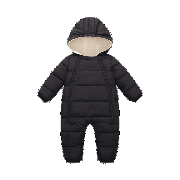 CUZIBR Girls Fall Jumpsuit Winter Thick Lined Thermal Padded Romper Jumpsuit Hooded Solid Color Long Sleeve Zipper Up Warm Soft Cozy Bodysuit Outwear,Black,0-3 Months