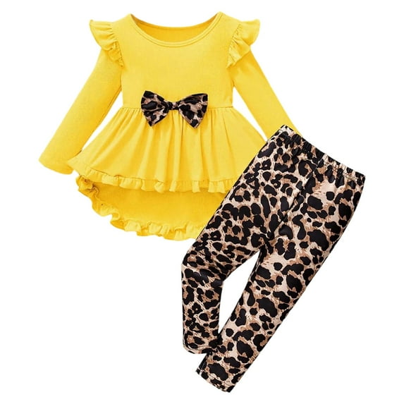 CUZIBR Girls Fall Outfit Ruffled Sleeve Knitted Solid Color Round Neck Patchwork Dress And Casual Leopard Leggings Stylish Fashion Outwear Kids Clothing Set,Yellow,5-6 Years