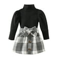 thumbnail image 1 of CUZIBR Girls Fall Outfits Plaid Skirts Set Ruffles Long Sleeve Ribbed Round Neck Tops Shirt Bow Button Plaid Skirt Stylish Warm Dailywear Jogging Sets,Black,12-18 Months, 1 of 6