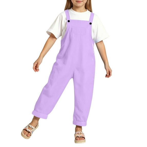 CUZIBR Girls Fall Outfits Solid Color Cute Trousers Wide Leg Pants Fashionable Overall Front Pocket Suspenders Clothing Sets,Purple,8-9 Years