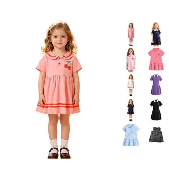 CUZIBR Girls Fall Polo School Dress Short Sleeve Cute Bow Floral Print Peter Pan Collar Pleated Uniform Dress Kids Back To School Outfit Fashionable Dailywear,Pink-f,2-3 Years