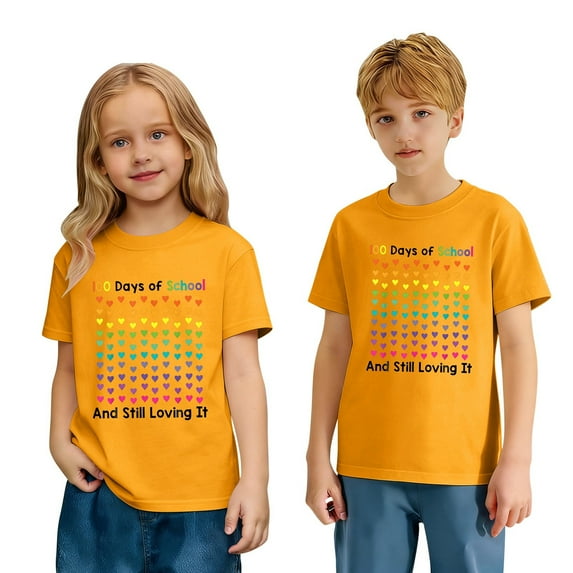 CUZIBR Girls Fashion Happy 100Th Day Of School Shirts Letter Print Short Sleeve Tee Round Neck Loose Relaxed Casual Daily Wear Soft Blouse Graphic T-Shirt Comfy Activewear,Yellow,3-4 Years