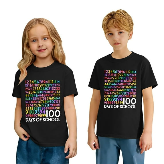 CUZIBR Girls Fashion Happy 100Th Day Of School Shirts Letter Print Short Sleeve Tee Round Neck Loose Relaxed Casual Daily Wear Soft Blouse Graphic T-Shirt Athletic Baggy Tops,Black,4-5 Years