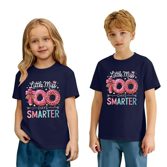 CUZIBR Girls Fashion Happy 100Th Day Of School Shirts Letter Print Short Sleeve Tee Round Neck Loose Relaxed Casual Daily Wear Soft Blouse Graphic T-Shirt Comfy Activewear,Navy,10-11 Years