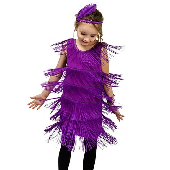 ZRBYWB Girls Flapper Dress Sleeveless Round Neck Sequins Fringe Latin Dance Dresses Tassel Tango Dress With Feather Headband Stylish Outfits Winter Dress,Purple,4-6 Years