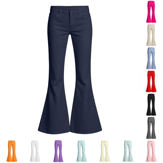 CUZIBR Girls Flare Pants Casual Solid Color Stretch Button Zipper Fly Bell Bottom Trousers For School Party Daily Casual Fashion Formal Denim Bottoms ,Navy,7-8 Years