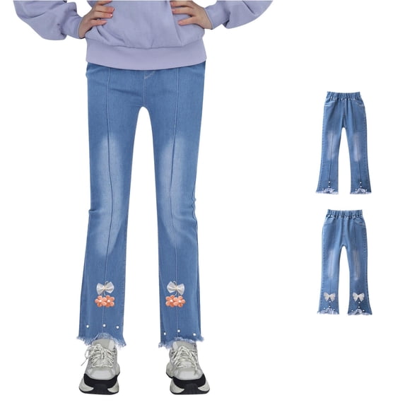 CUZIBR Girls Flared Denim Jeans Elastic Waist Fringe Raw Hem Pearl Split Bell Bottom Trousers Casual Back To School Kids Fashion Bottoms,Orange,10-12 Years
