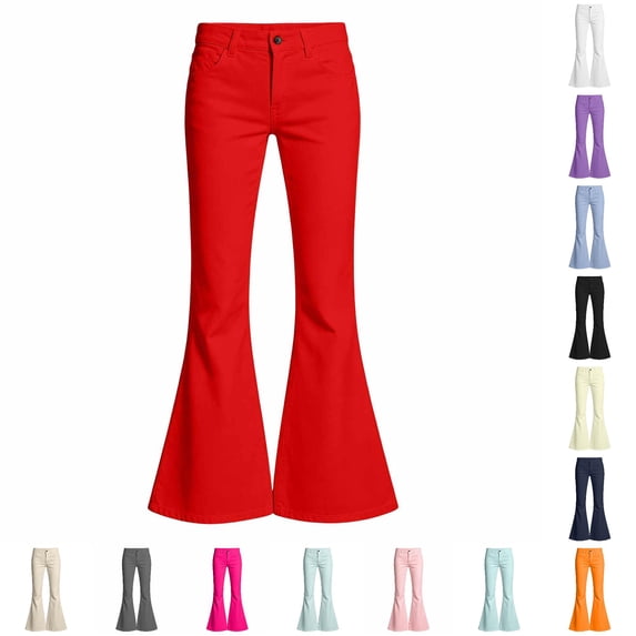 CUZIBR Girls Flared Pants High Waist Solid Color Classic Bell Bottom Stretch Casual Streetwear Trousers With Front Pockets For Kids Back To School Fashion Bottoms,Red,5-6 Years