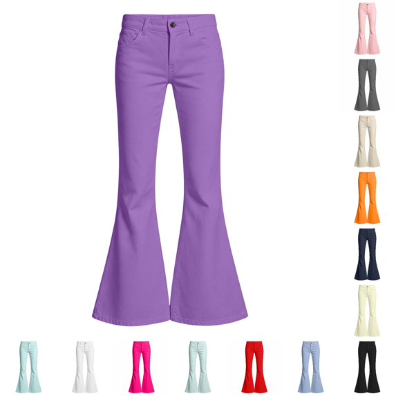 CUZIBR Girls Flared Pants High Waist Solid Color Classic Bell Bottom Stretch Casual Streetwear Trousers With Front Pockets For Kids Back To School Fashion Bottoms,Purple,11-12 Years