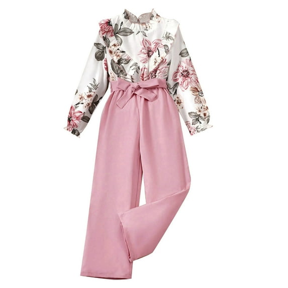 CUZIBR Girls Floral Print Long Sleeve Lace Up Wide Leg Solid Color Pants Casual Fashion Suit Cute Dailywear For Toddler