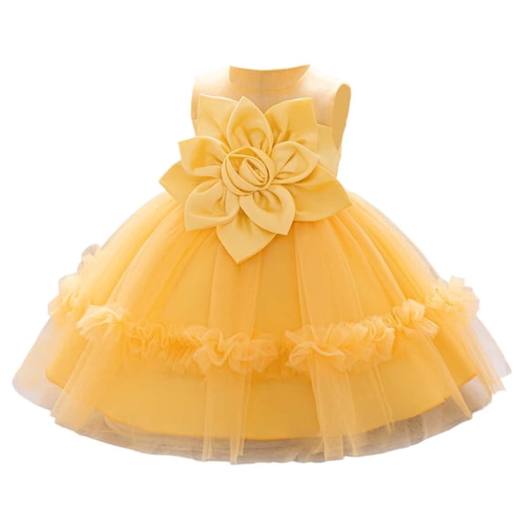 CUZIBR Girls Formal Dress 3D Floral Applique Sleeveless Satin Pageant Party Tutu Dresses Birthday Party Wedding Gowns,Yellow,18-24 Months