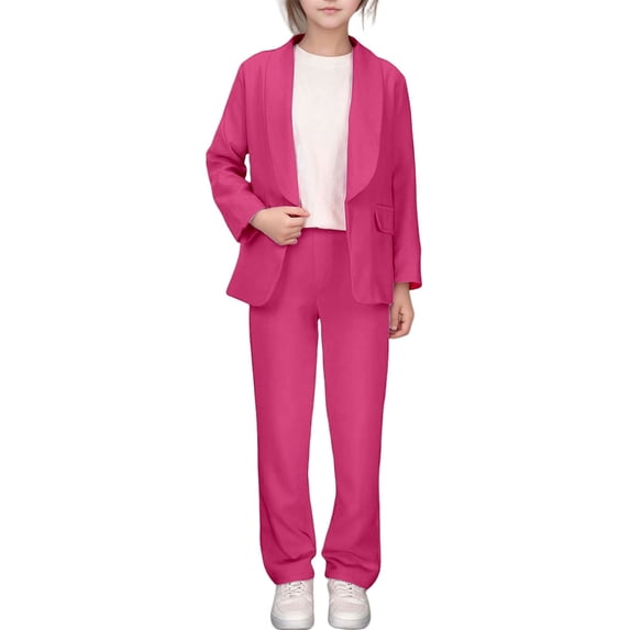 CUZIBR Girls Formal Suit Blazer Set Long Sleeve Notched Jacket Solid Color Lapel Suit Open Front Blazers And Pant Fashionable Spring Performance Party Clothes Sets,Hot Pink,13-14 Years