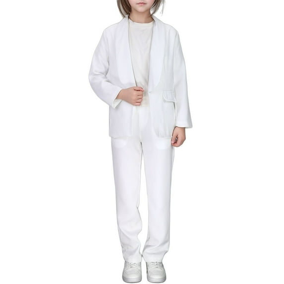 CUZIBR Girls Formal Suit Blazer Set Long Sleeve Notched Jacket Solid Color Lapel Suit Open Front Blazers And Pant Fashionable Spring Performance Party Clothes Sets,White,7-8 Years