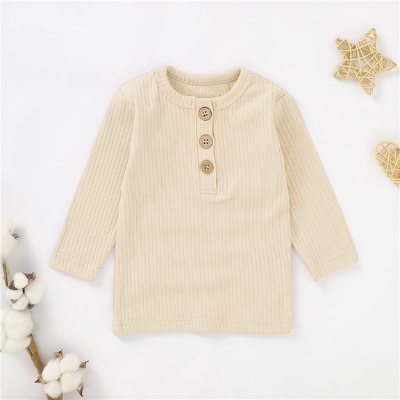 CUZIBR Girls Funny Shirts Ribbed Knitting Solid Color Sweater Button Base T-Shirt Ruffles Long Sleeve Layering Soft Tee Casual Comfy Dailywear,Beige,3-6 Months
