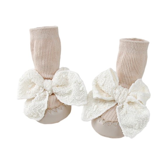 CUZIBR Girls Funny Socks Stylish Cute Ruffle Lace Bow Floor Socks Learning Walk Cozy Soft Shoes Knee High Stockings Non-Slip Cotton Fall Winter Warm Footwear,Khaki,2-2.5 Years