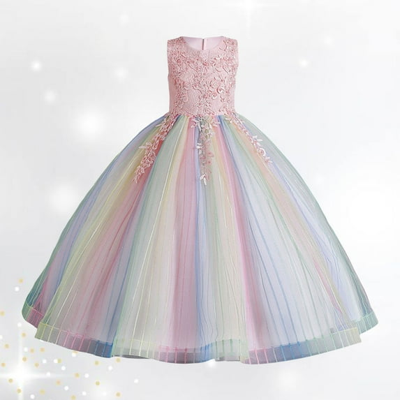 CUZIBR Girls Girl Pageant Tutu Dresses Ruffles Sleeveless Embroidery Gradient Round Neck Sequins Floor Length Tiered A-Line Wedding Formal Elegant Tulle Maxi Dress Flowy Skater Dress,Pink,4-5 Years