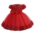 thumbnail image 1 of CUZIBR Girls Gown Party Dress Puff Sleeve Sequins Flower Fit And Flare Mesh Tutu Dress Stylish Wedding Party Maxi Princess Christmas Dress,Red,12-18 Months, 1 of 4