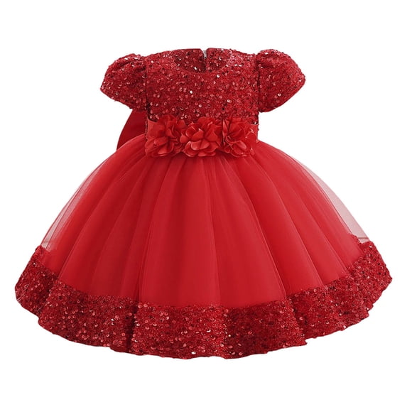 CUZIBR Girls Gown Party Dress Puff Sleeve Sequins Flower Fit And Flare Mesh Tutu Dress Stylish Wedding Party Maxi Princess Christmas Dress,Red,12-18 Months
