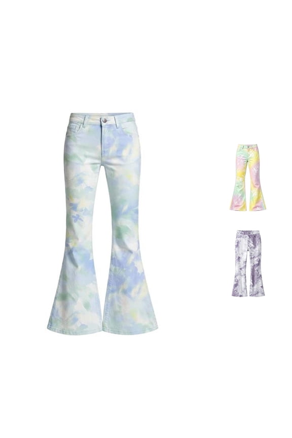Girls Gradient Rainbow Floral Print Flared Jeans High Waist Bell Bottom Denim Trousers Classic Pocket Design Soft Stretch Casual Street Fashion Bottoms,Multicolour2,11-12 Years