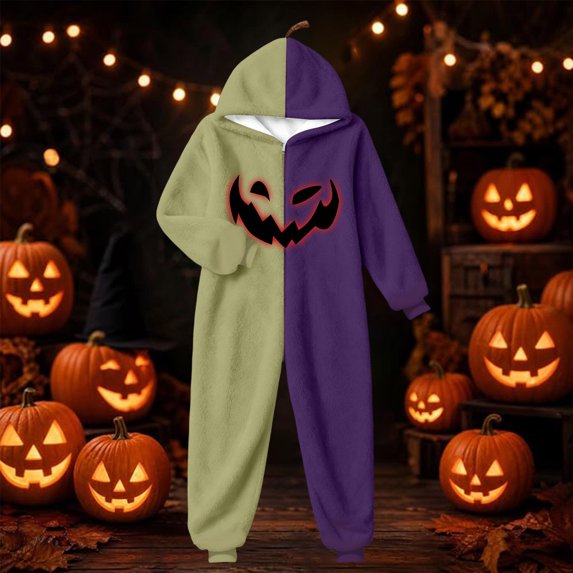CUZIBR Girls Halloween Onesie Pajamas Kids Boys Hooded Plush Pumpkin Pajama Patchwork Zip Up Long Sleeve Jumpsuit Loungewear Cozy Nightwear,Purple,7-8 Years