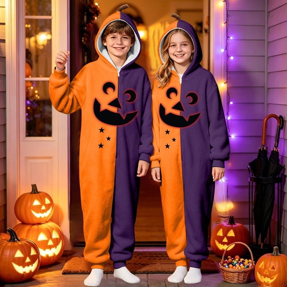 CUZIBR Girls Halloween Onesie Pajamas Toddler Boys Hooded Plush Pumpkin Pajama Patchwork Zip Up Long Sleeve Jumpsuit Loungewear Funny Homewear,Orange,5-6 Years