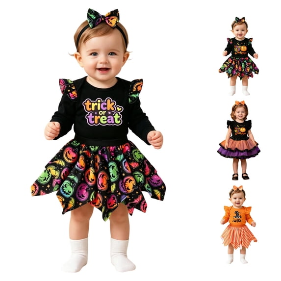 CUZIBR Girls Halloween Outfits Happy Halloween Pumpkin Letter Print Ruffle Short Sleeve Top Multi Layer Tulle Tutu Skirt Holiday Party Costume Dress Set For Toddler Girls,Black-d,1-3 Months