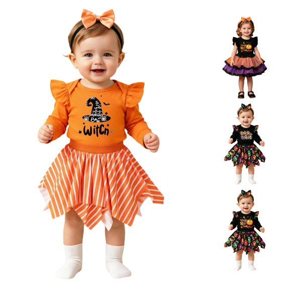 CUZIBR Girls Halloween Outfits Happy Halloween Pumpkin Letter Print Ruffle Short Sleeve Top Multi Layer Tulle Tutu Skirt Holiday Party Dress Set For Toddler Girls,Orange-b,12-18 Months