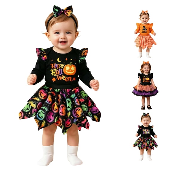 CUZIBR Girls Halloween Outfits Happy Halloween Pumpkin Letter Print Ruffle Short Sleeve Top Multi Layer Tulle Tutu Skirt Holiday Party Costume Dress Set For Toddler Girls,Black-c,1-3 Months