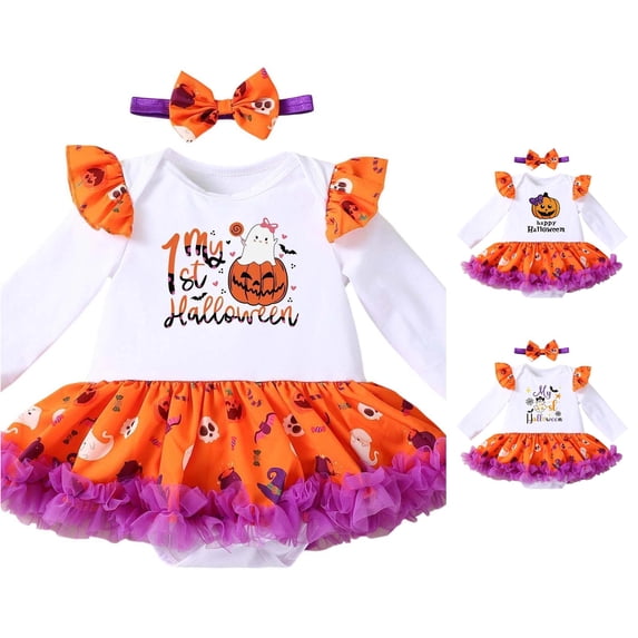 CUZIBR Girls Halloween Outfits Pumpkin My 1St Halloween Print Ruffle Long Sleeve Bodysuit Layered Tulle Skirt Bow Headband Three Piece Party Wear For Toddler 1 12 Months,White,3-6 Months