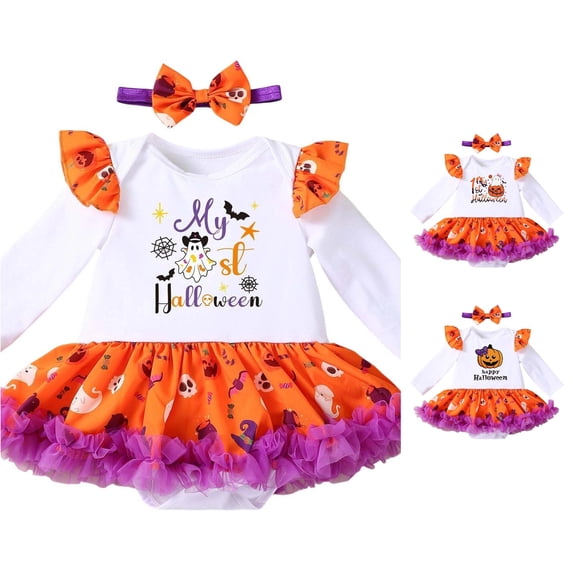 CUZIBR Girls Halloween Outfits Pumpkin My 1St Halloween Print Ruffle Long Sleeve Bodysuit Layered Tulle Skirt Bow Headband Three Piece Party Wear For Toddler 1 12 Months,Orange,3-6 Months