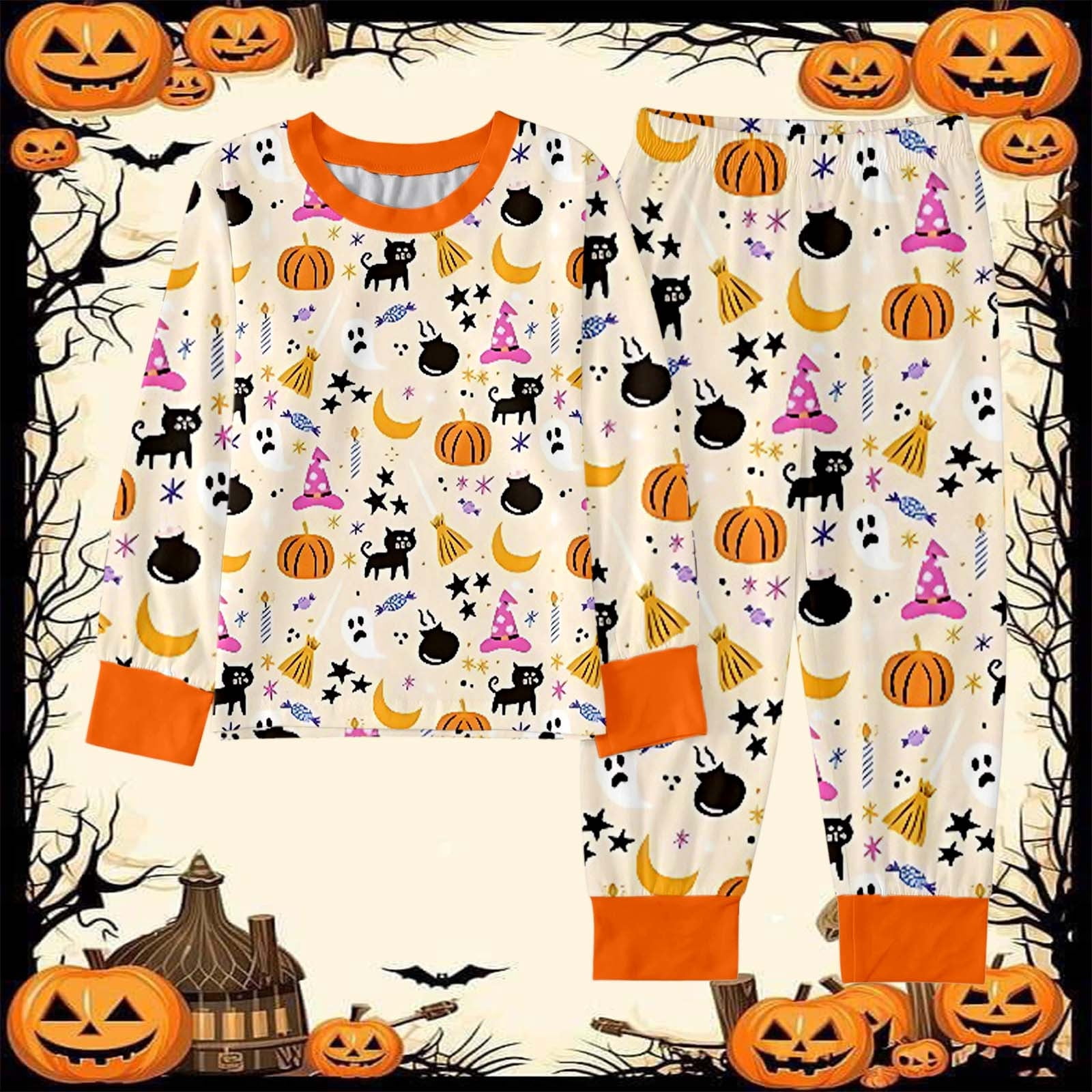 CUZIBR Girls Halloween Pajamas Kids Long Sleeve Cat Pumpkin Graphic ...