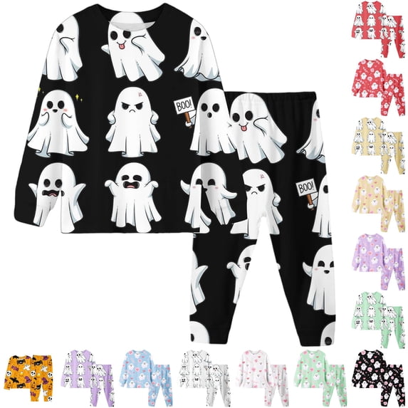CUZIBR Girls Halloween Pajamas Sets Outfits Full Print Ghost Spider Pumpkin Witch Hat Long Sleeve Crew Neck Top Elastic Waist Trousers 2 Pieces Sleepwear Loungewear,Black-B,2Y