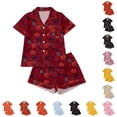 thumbnail image 1 of CUZIBR Girls Halloween Pajamas Sets Pumpkin Bat Castle Pajamas Set Lapel Button Short Sleeve Shirt Elastic Waist Shorts 2 Pieces Sleepwear Loungewear Outfits,A-Brick Red,9-10 Years, 1 of 9