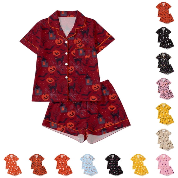 CUZIBR Girls Halloween Pajamas Sets Pumpkin Bat Castle Pajamas Set Lapel Button Short Sleeve Shirt Elastic Waist Shorts 2 Pieces Sleepwear Loungewear Outfits,A-Brick Red,9-10 Years