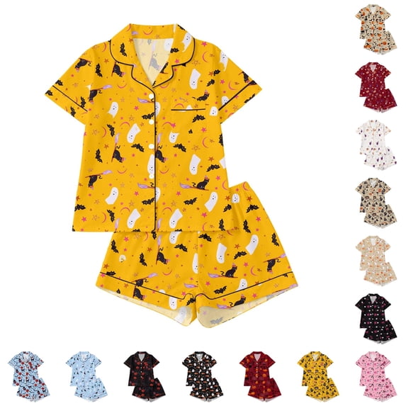 CUZIBR Girls Halloween Pajamas Sets Pumpkin Bat Castle Pajamas Set Lapel Button Short Sleeve Shirt Elastic Waist Shorts 2 Pieces Sleepwear Loungewear Outfits,E-Yellow,13-14 Years