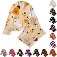 thumbnail image 1 of CUZIBR Girls Halloween Pajamas Sets Pumpkin Ghost Witch Hat Full Print Long Sleeve Lapel Button Top And Pants Soft Sleepwear Two Piece Soft Sleep Cozy Loungewear Nightwear,11-12 Years, 1 of 4