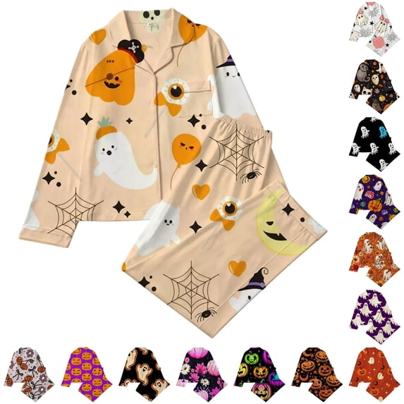 CUZIBR Girls Halloween Pajamas Sets Pumpkin Ghost Witch Hat Full Print Long Sleeve Lapel Button Top And Pants Soft Sleepwear Two Piece Soft Sleep Cozy Loungewear Nightwear,11-12 Years