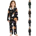 thumbnail image 1 of CUZIBR Girls Halloween Pajamas Sets Skull Bat Ghost Spider Web Moon Star Print Comfort Cozy Lapel Button Long Sleeve Top Long Pants Two Piece Soft Loungewear Relaxed Nightwear ,Black-2,5-6 Years, 1 of 4