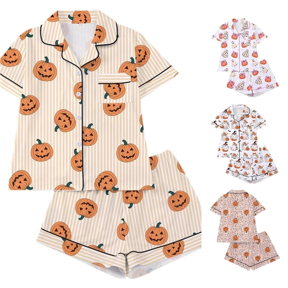 CUZIBR Girls Halloween Pajamas Sets Soft Comfortable Ghost Pumpkin Lapel Button Short Sleeve Shirt Elastic Waist Shorts 2 Pieces Sleep Loungewear Relaxed Sleepwear Outfits,Orange-C,11-12 Years