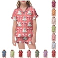 thumbnail image 1 of CUZIBR Girls Halloween Pajamas Sets Summer Fall Bow Ghost Print Kids Short Sleeve Lapel Button Down Top Elastic Waist Shorts Two Piece Soft Sleep Loungewear Outfits,1-Watermelon Red,2-3 Years, 1 of 4