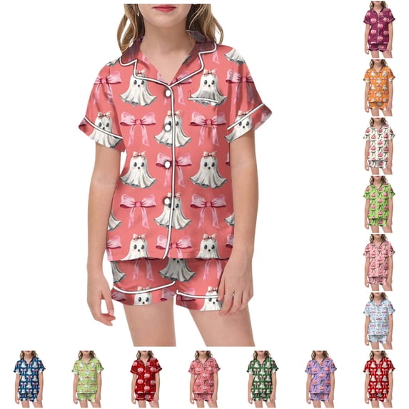 CUZIBR Girls Halloween Pajamas Sets Summer Fall Bow Ghost Print Kids Short Sleeve Lapel Button Down Top Elastic Waist Shorts Two Piece Soft Sleep Loungewear Outfits,1-Watermelon Red,2-3 Years